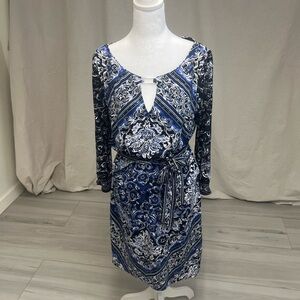 White House Black Market Paisley Blouson Dress Blue White Work to Cocktail Sz M
